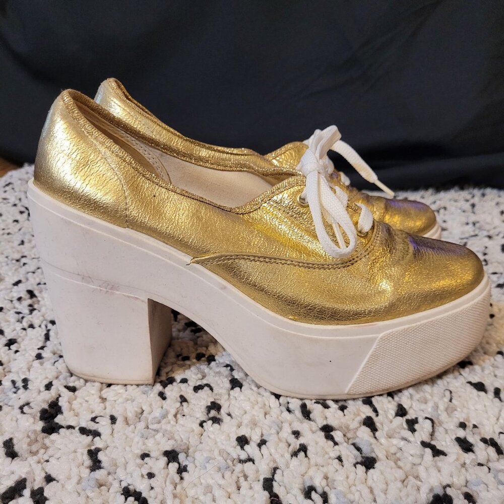 Bakers Gold Platform Lace Up Italy Ankle Chunky Heels